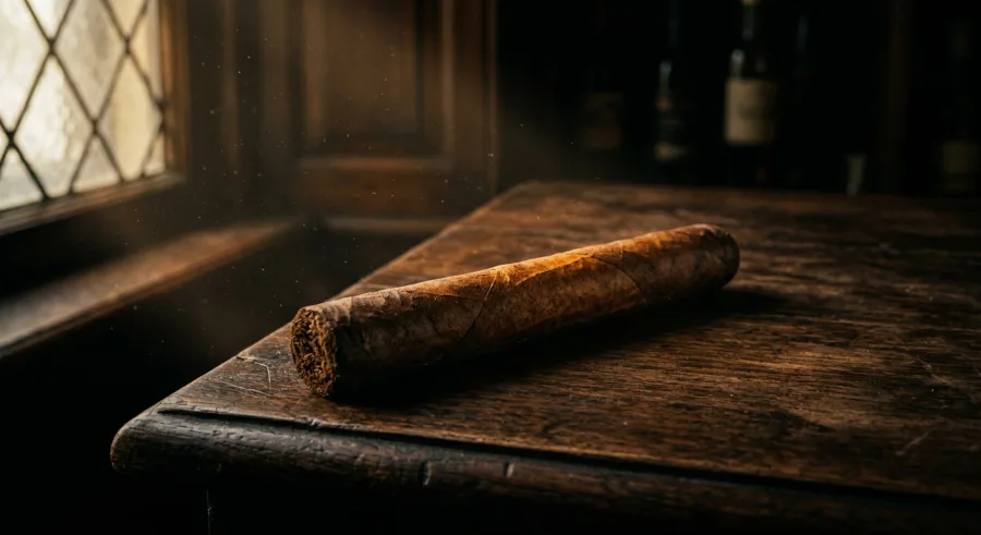 An unlit cigar resting on a dark wooden tabletop beside a window