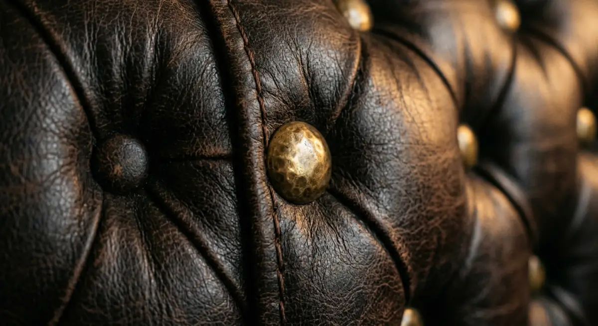 Detail of tufted brown leather and brass stud upholstery