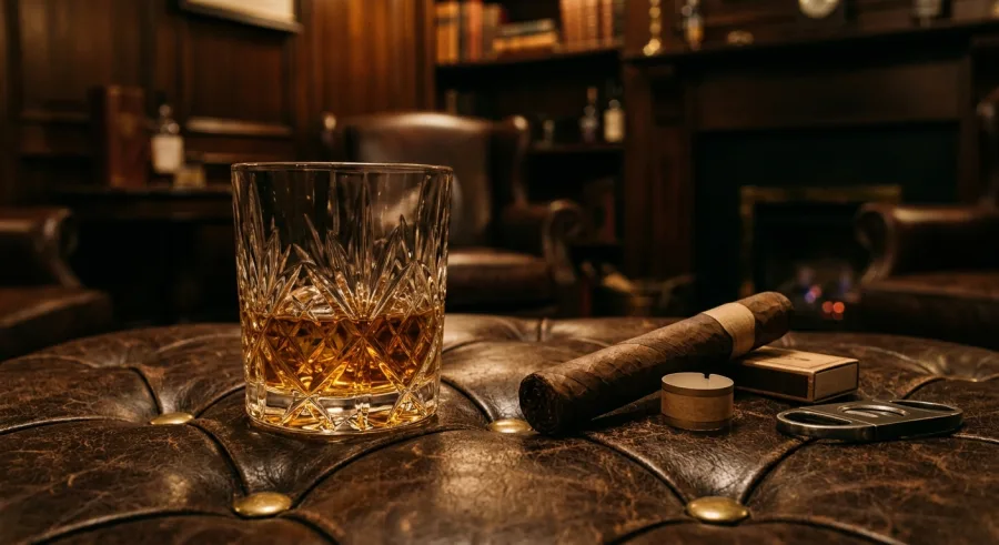 A glass of whiskey beside a cigar, cutter and matchbook on a tufted leather ottoman